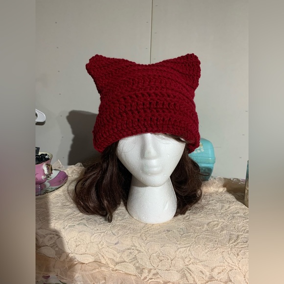 ❌SOLD😻Handmade Dark Red Cat Beanie Hat - Picture 1 of 5